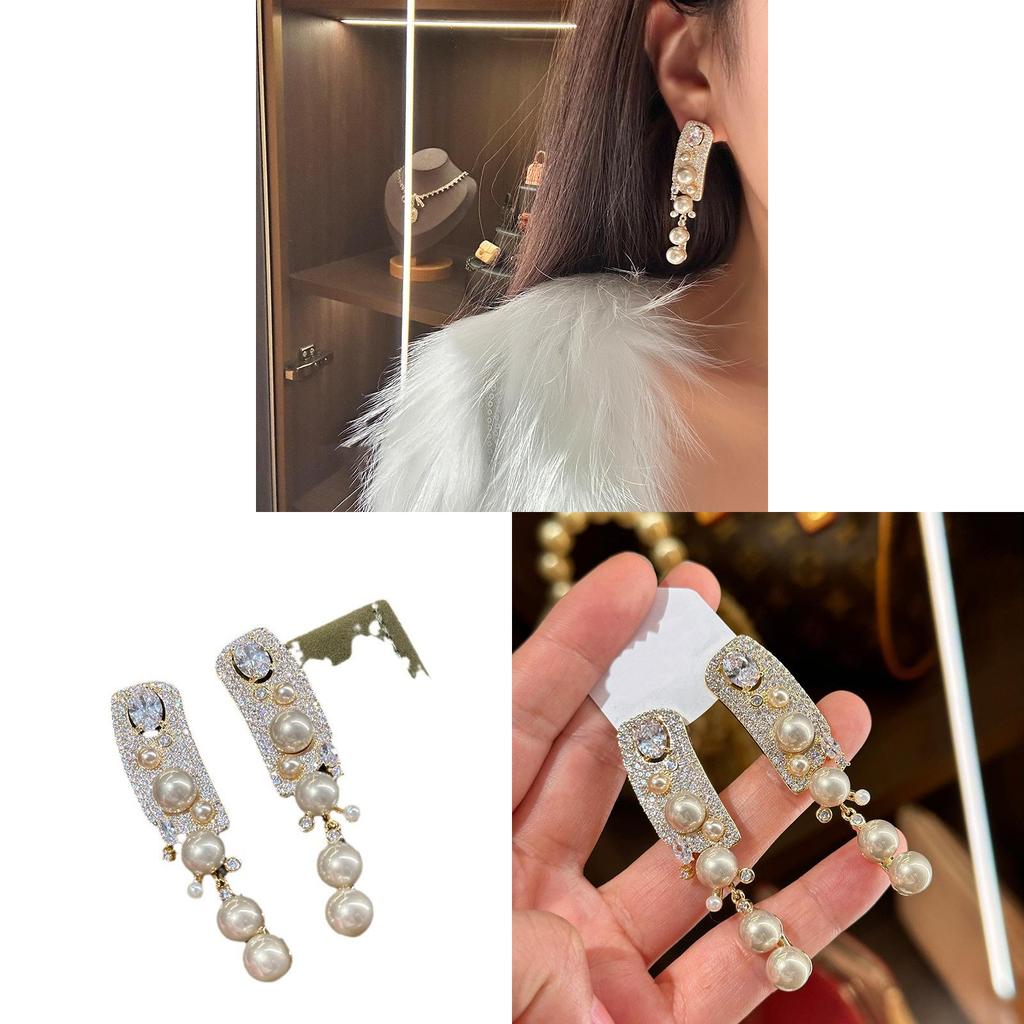 Vintage French Style Geometric Pearl Drop Earrings With Rhinestone Accents For Women