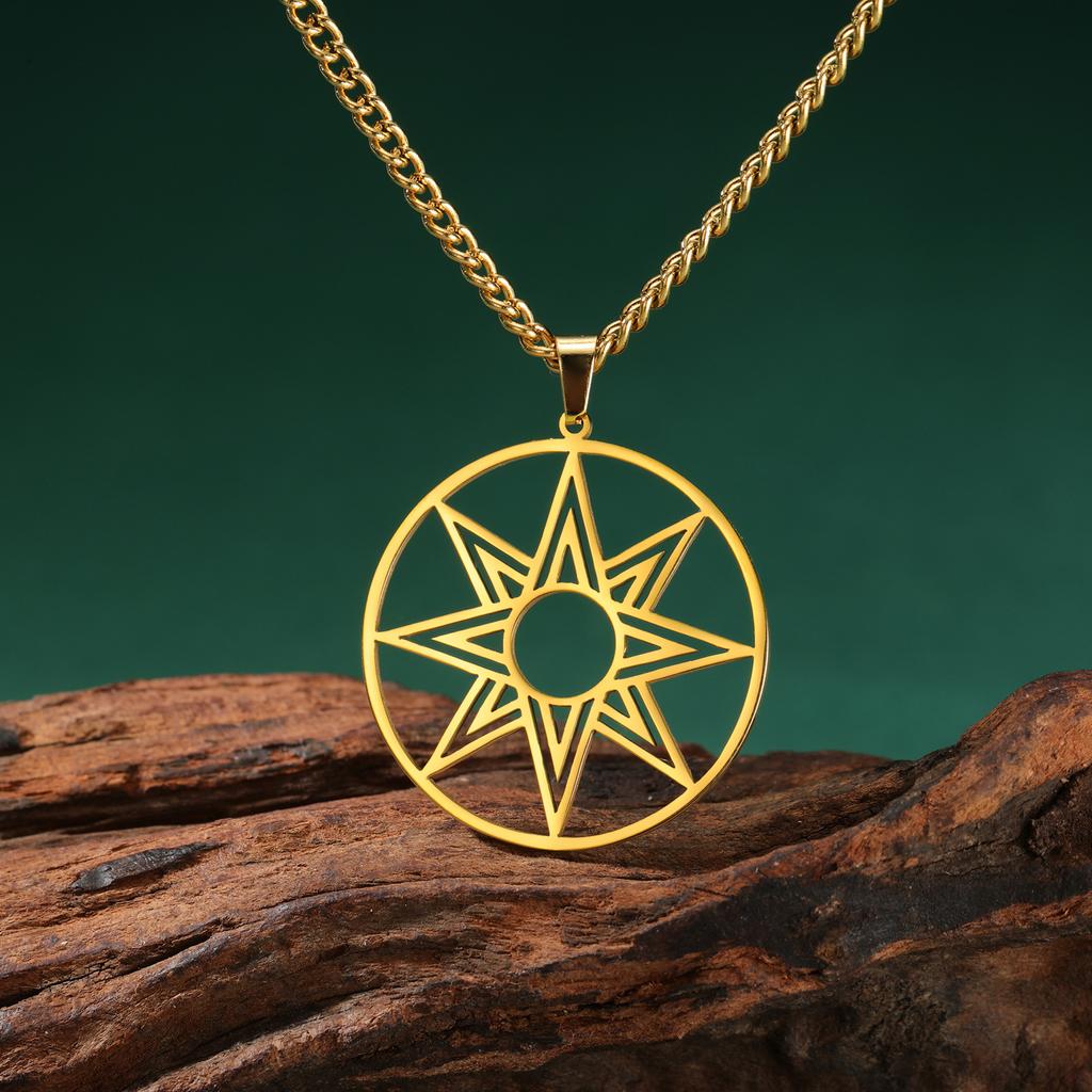 Titanium Steel Cut Circle Ring Eight Point Star Pendant Necklace Unisex Hip Hop Punk Jewelry