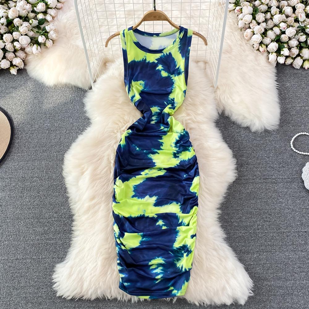 

RUGOD летнее женское облегающее платье средней длины без рукавов с круглым вырезом и принтом тай-дай, облегающее платье на бедрах в европейском стиле