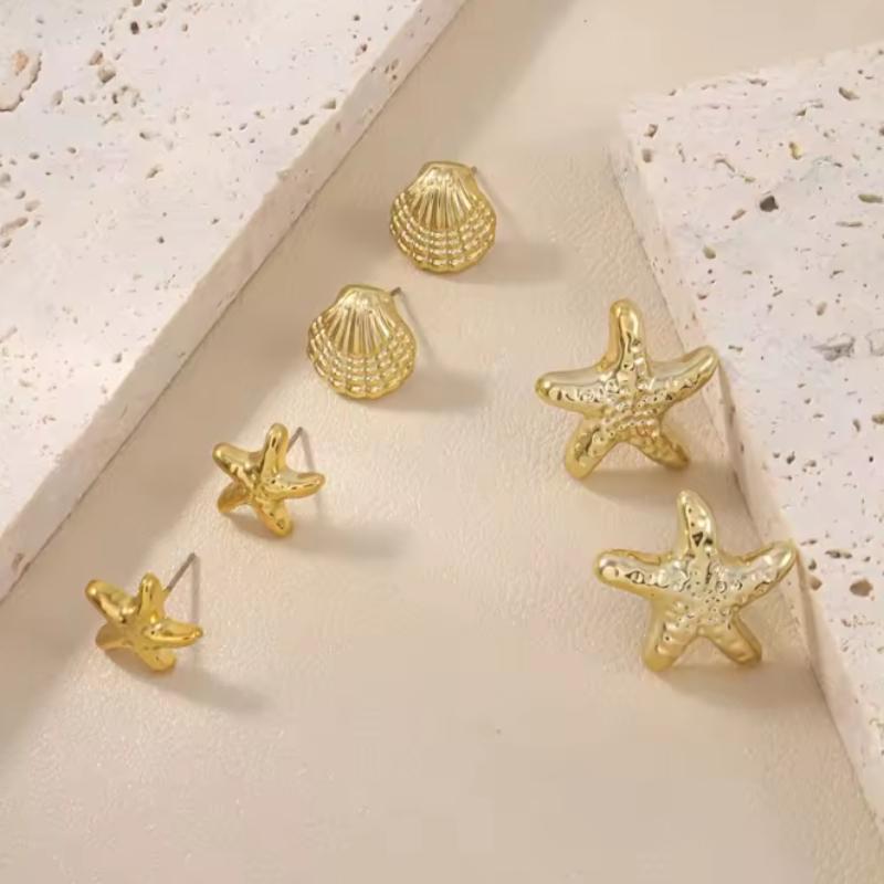 6 Pièces/ensemble Boucles d'oreilles Étoiles de Mer Dorées Imitation Coquillage Mode Fête de Plage Accessoires de Vacances Quotidien pour Femmes Zircon