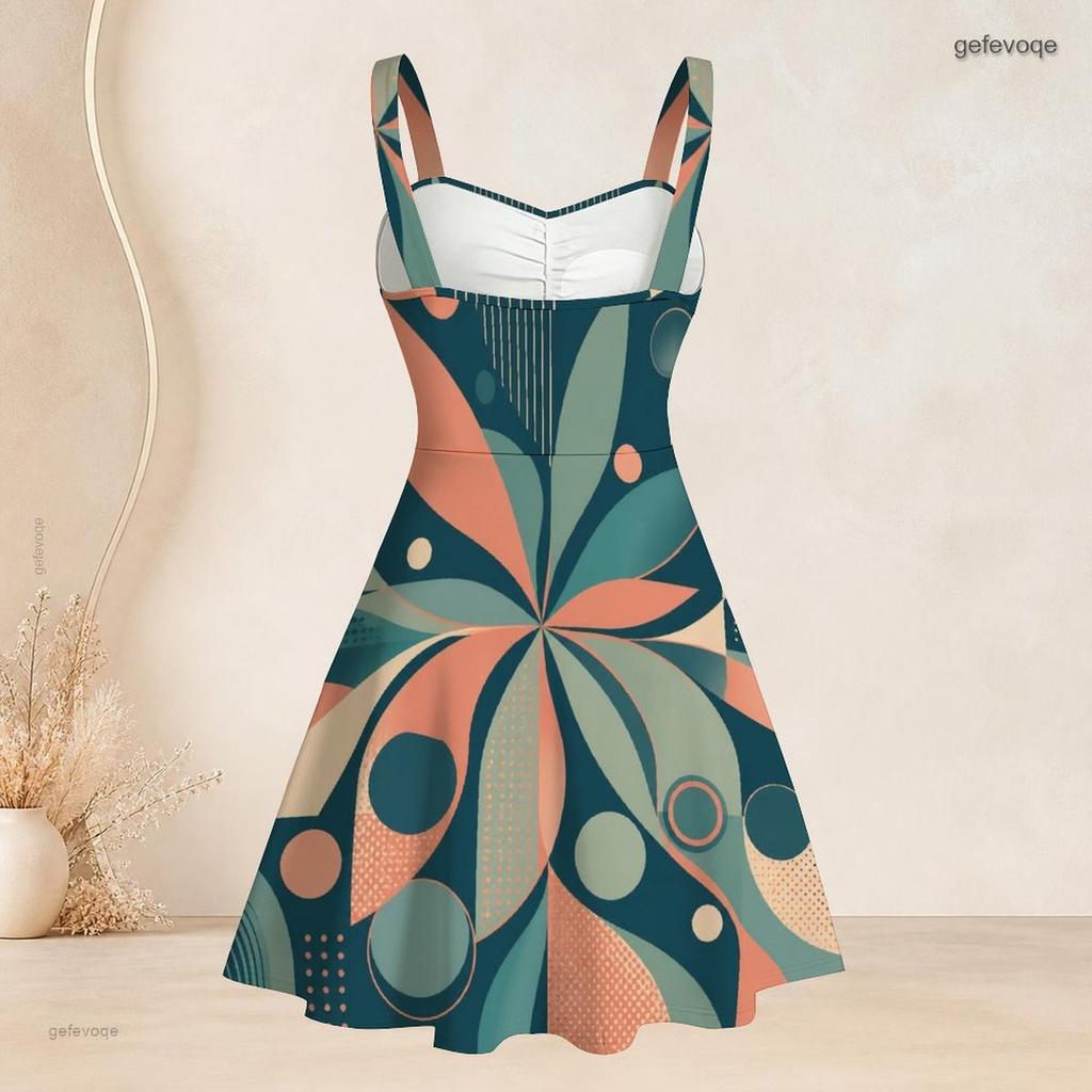 Women Plus Size Strappy Off Shoulder Sleeveless Square Neck Dress Printed Off White Blue Beige Fitted Waist Flared Hem
