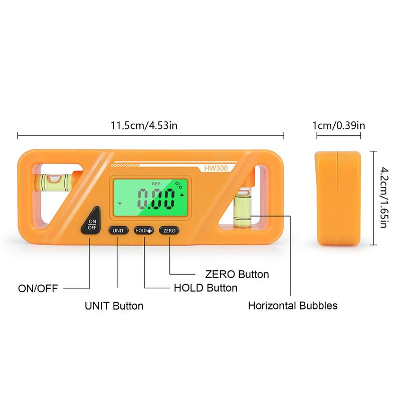 HW-300 Digital Inclinometer Angle Finder Gauge Spirit Level Bottom Magnet Data Hold Bright LCD Display Compact Inclinometer