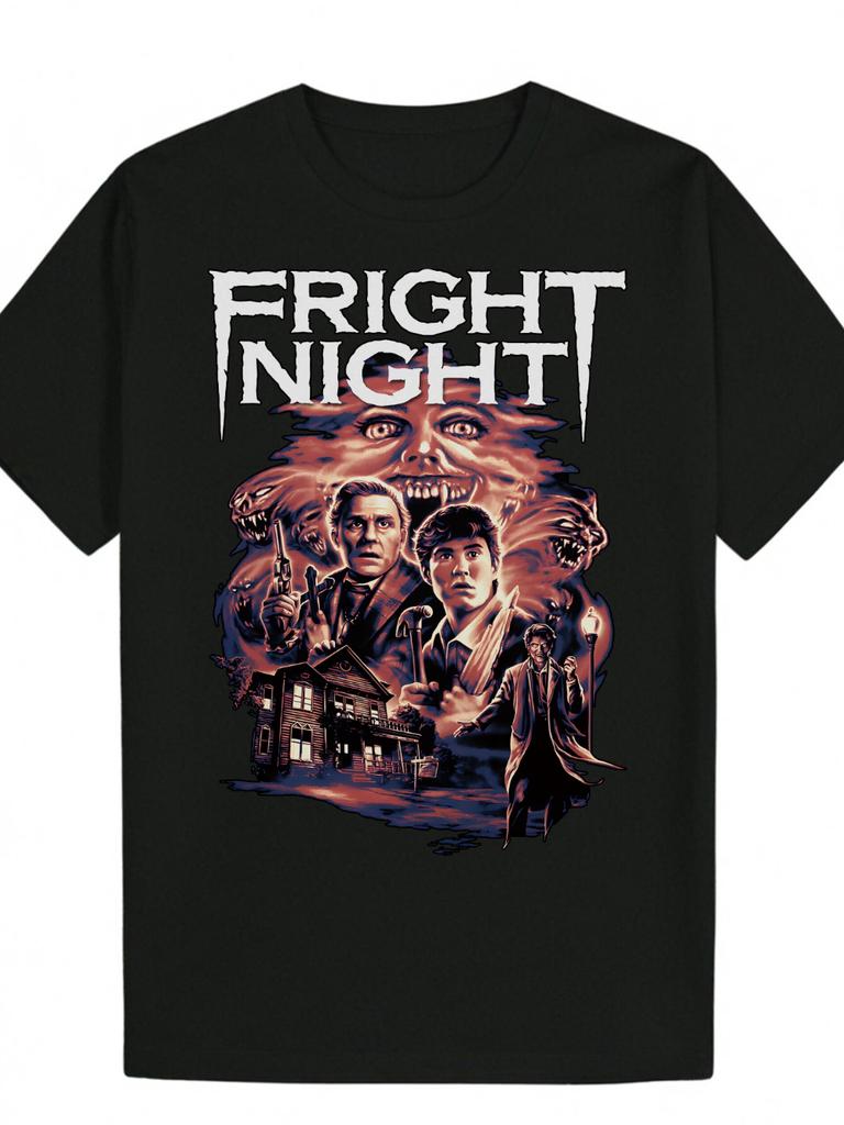 MenS Fright Night Horror Movie Graphic TShirt Black Polyester Casual Round Neck Tee Fiery Monster Design Perfect for Summer