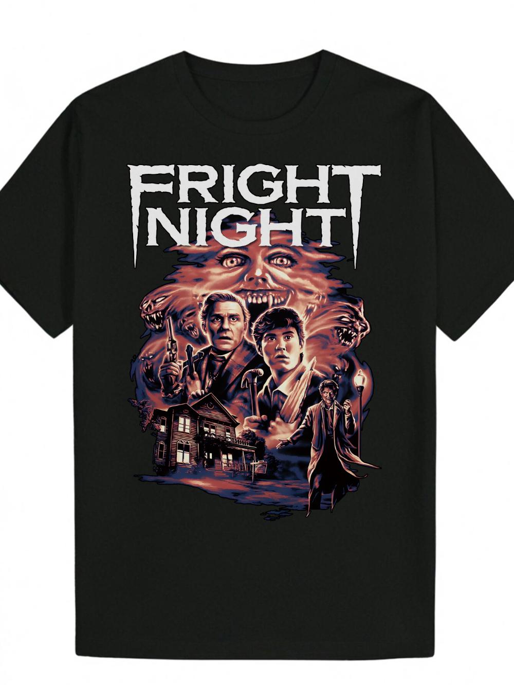 MenS Fright Night Horror Movie Graphic TShirt Black Polyester Casual Round Neck Tee Fiery Monster Design Perfect for Summer S
