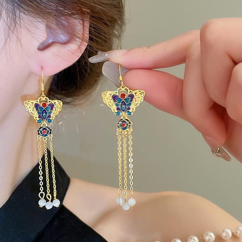 Butterfly Lotus Tassel Ear Hook Earrings Real Gold Temperament High-end Earrings for Women