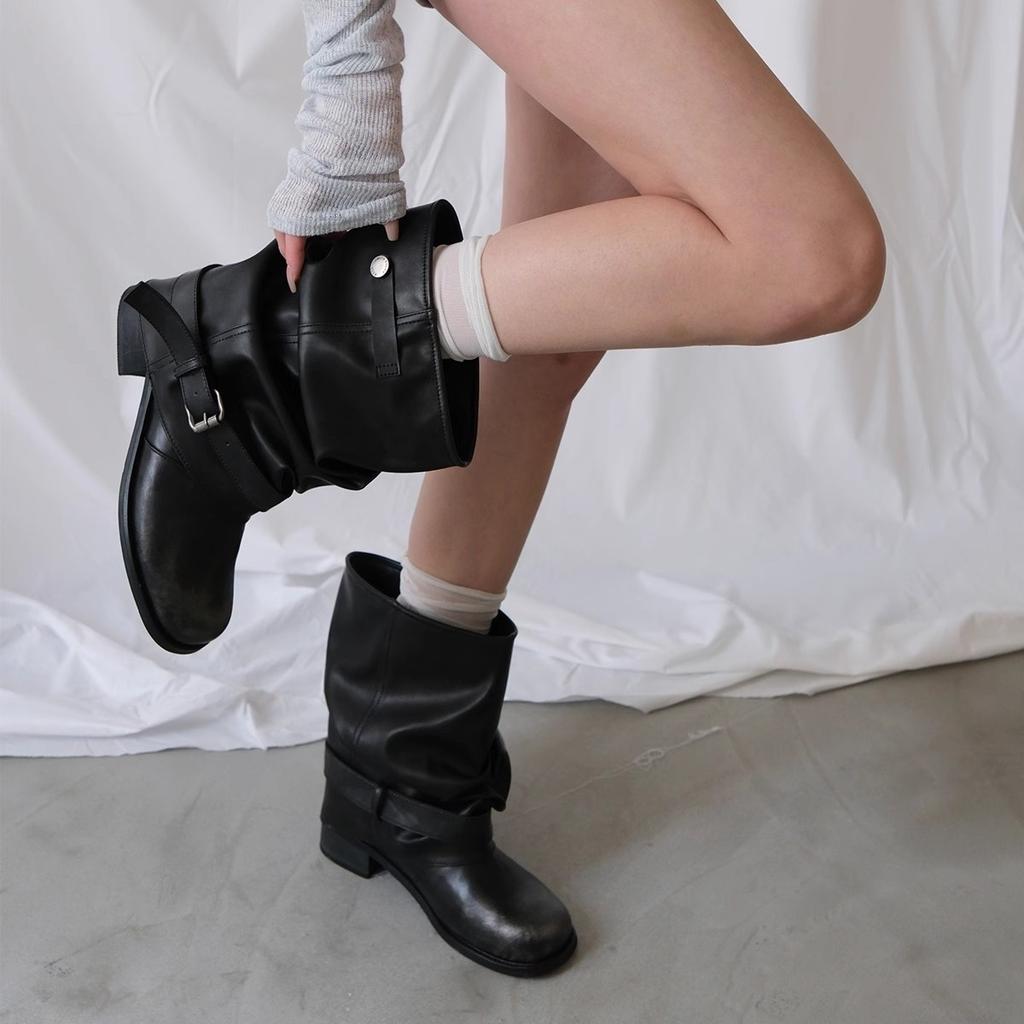 Spot second hair! Inner height increase 6cm western cowboy boots pleated polished stacked boots retro thick heel fashion boots women