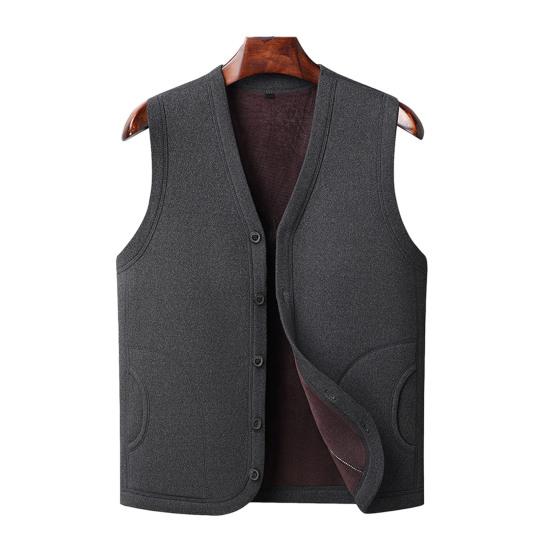 Men Vest Coat V-Neck Sleeveless Single Breasted Waistcoat with Pockets Solid Color Thickened Velvet Lining Coldproof Vest