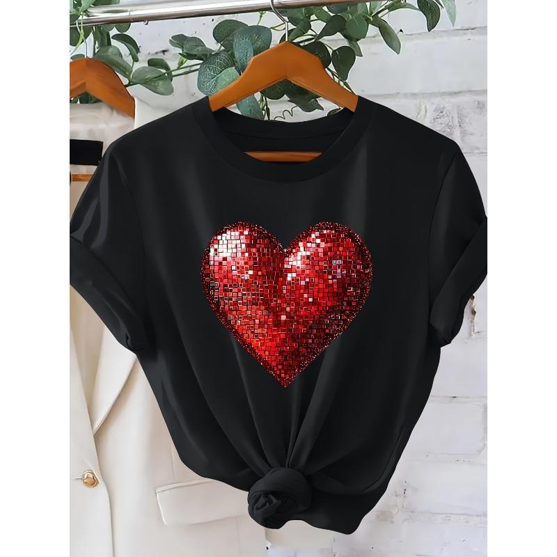 T-shirt pour femme Taille européenne Cœur Rouge à Sequins Décoration Pailletée Doux-cool Imprimé Nouvel An Manches Courtes pour Tenues Quotidiennes Printemps et Été