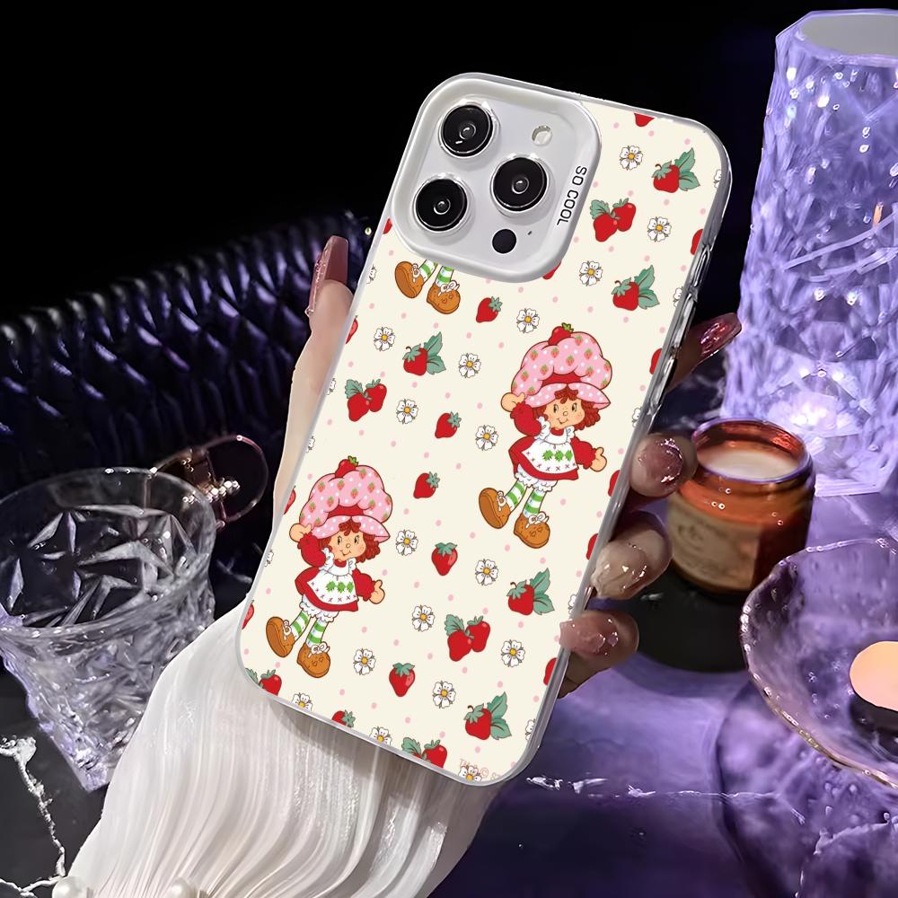 Pink Strawberry Cartoon S-Shortcake Phone Case For iPhone 16 15 14 13 12 11 Pro Max White Matte Laser Metallic Aurora Funda