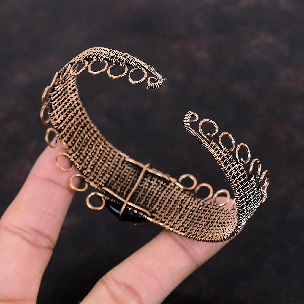 Blue Color Evil Eye Bangle Copper Wire Wrapped Cuff Bracelet Gemstone Adjustable Cuff Handmade Copper Jewelry Unique Bangle Anniversary Gift