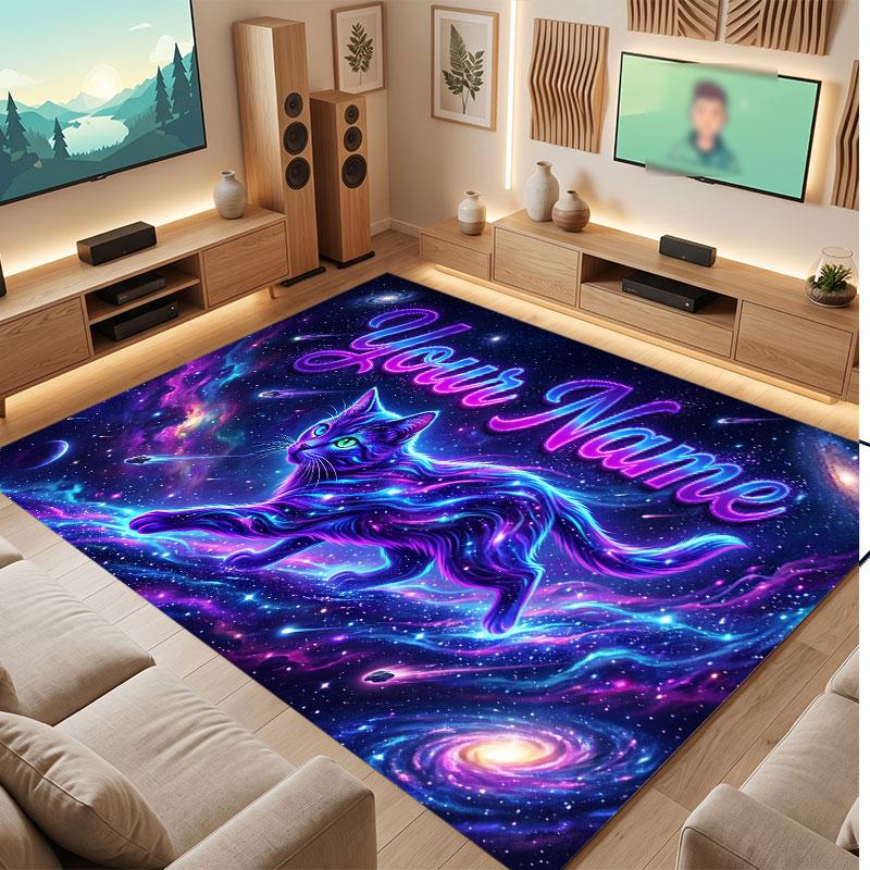 Cat Theme Crystal Velvet Floor Rug Personalized Custom Name Text Warm Carpet Home Decoration