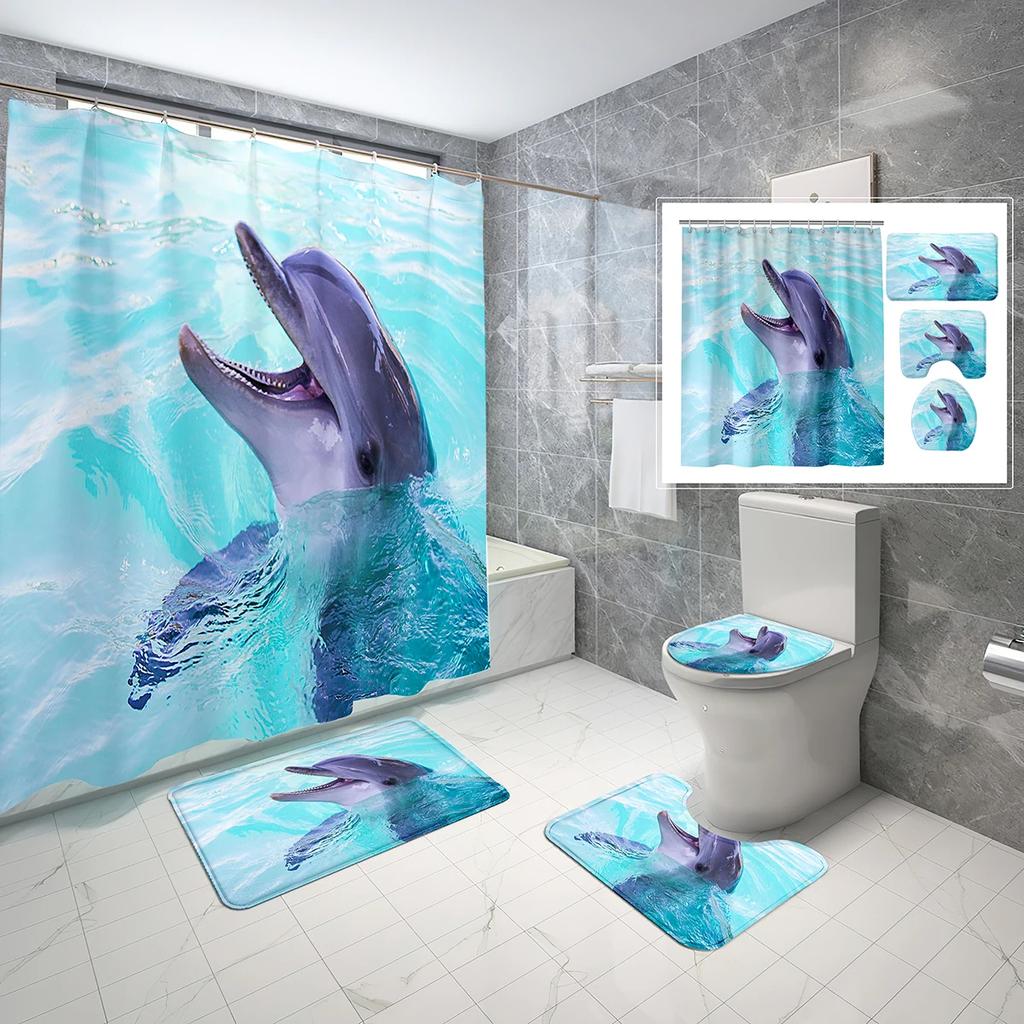 4 Sets Dolphin Shower Curtain Sets With Non-Slip Bath Mat,Toilet Lid Cover And Ocean Animals Blue Sea World Shower Curtain Set