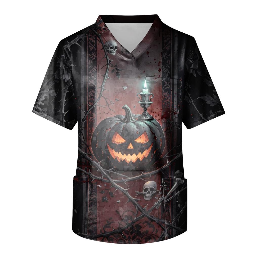 Men's Halloween Print Scrub Top Short Sleeve for Work Uniform