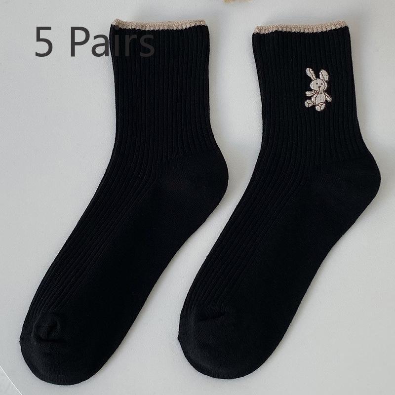 5 Paar Damen Herbst und Winter Neue Baumwolle Lieblich Einfarbig Dünne Streifen Stickerei Hase In Der Röhre Frotteesocken