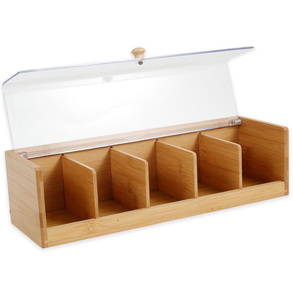 Bamboo Tea Bag Organizer Clear Sorting Tea Storage Box with 5 Compartment Easy to Access Coffee Bag Holder Dust Proof for Home