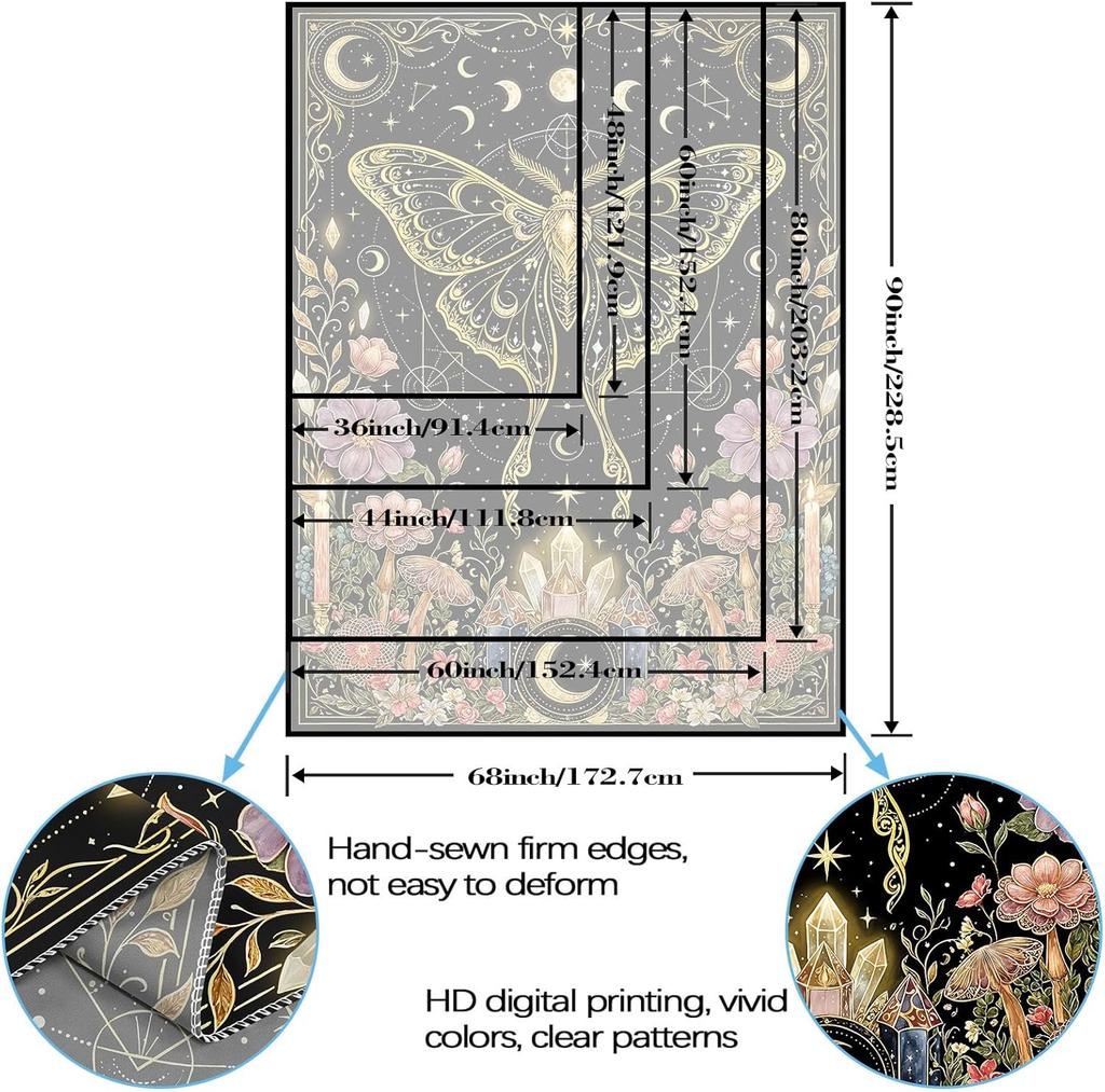 Bohemian Moon Moth Tapestry, Mystical Luna Moth with Floral Accents & Crystals, Wall Art for Celestial & Whimsical Rooms