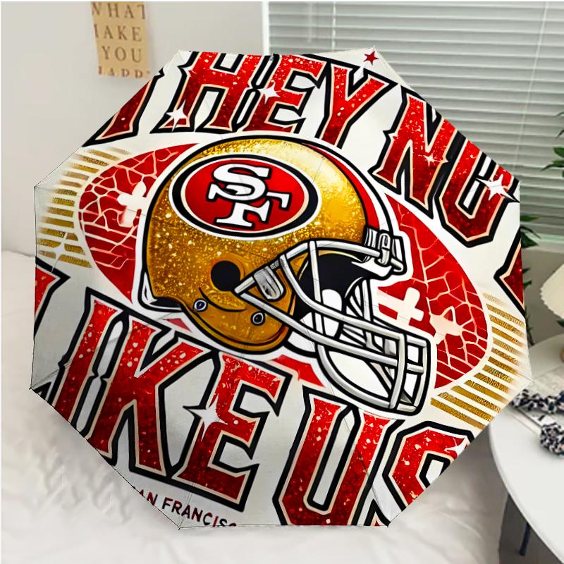 San Francisco 49ers LOGO Print Automatic Umbrella, 8 Rib Iron Frame, Plastic Handle, Suitable for Outdoor Travel &Daily , Ideal Gift