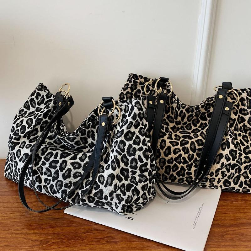 Damen Leo-Print Tragetasche Große Kapazität Umhängetasche Wintermode Corduroy Handtasche