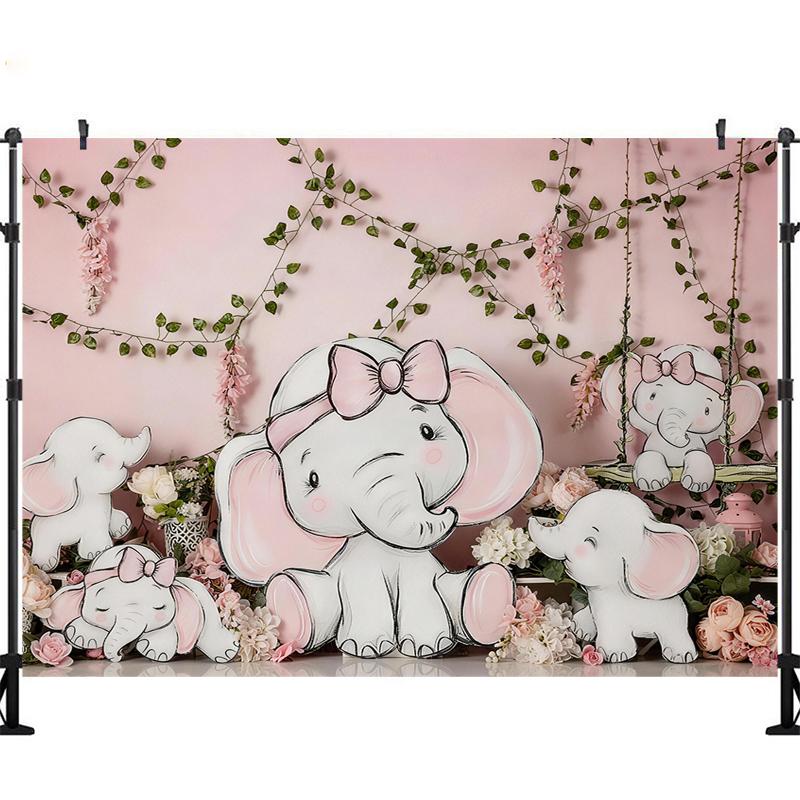 LS Photography Background Cute Elephant Bow Floral Decor Baby Shower Birthday Cake Smash Kids Portrait Photo Backdrop Studio