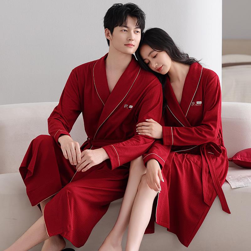 Couple Nightgown Women'S Spring And Autumn Pure Cotton Long-Sleeved Bathrobe Red Men'S Pajamas Couple Outfit