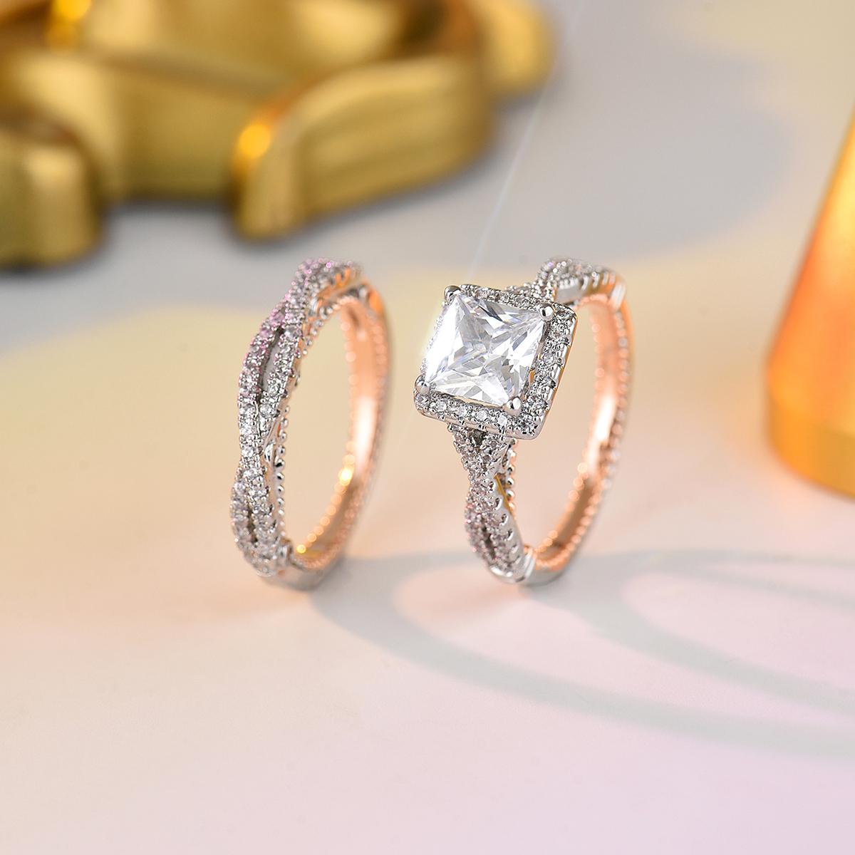 

Dainty 2Pcs Square CZ Halo Engagement Ring Shiny Silver/ Gold Color Classic & Timeless For Women Daily & Wedding Wear