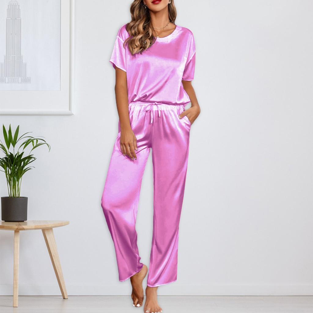 Women's Silk Solid Color Pajama Set Short Sleeve Shirt And Long Pajama Pants Set Soft Pajamas Loungewear