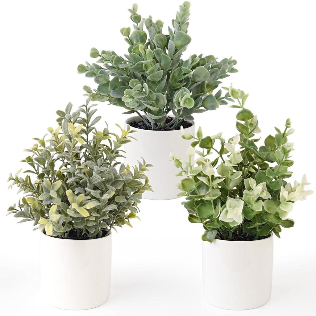 Faux Greenery Pot Set Eucalyptus and Artificial Flower Faux Tabletop Potted (3 Pieces) Eucalyptus, (Flocked), Boxwood. Stylish, Pot, Houseplant,