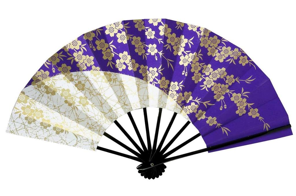 Dance Ai Purple and White Dyed with Cherry Black Lacquered Fan for Dancing Fan, (1451), Gold-Gold Blossoms, 9.5 inches, Bone, Box,