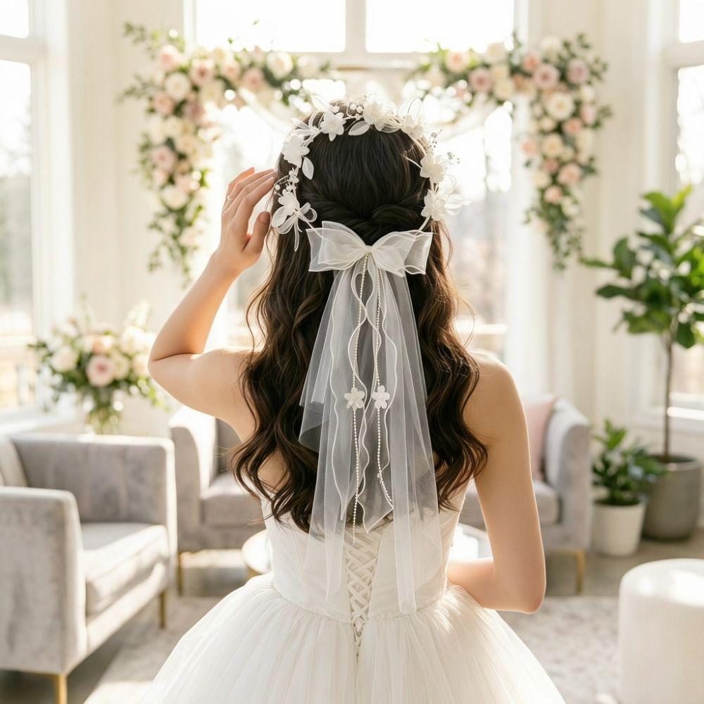 White Bridal Veil Mesh Flower Wreath Portable Marriage Headwear Outdoor Wedding Guest