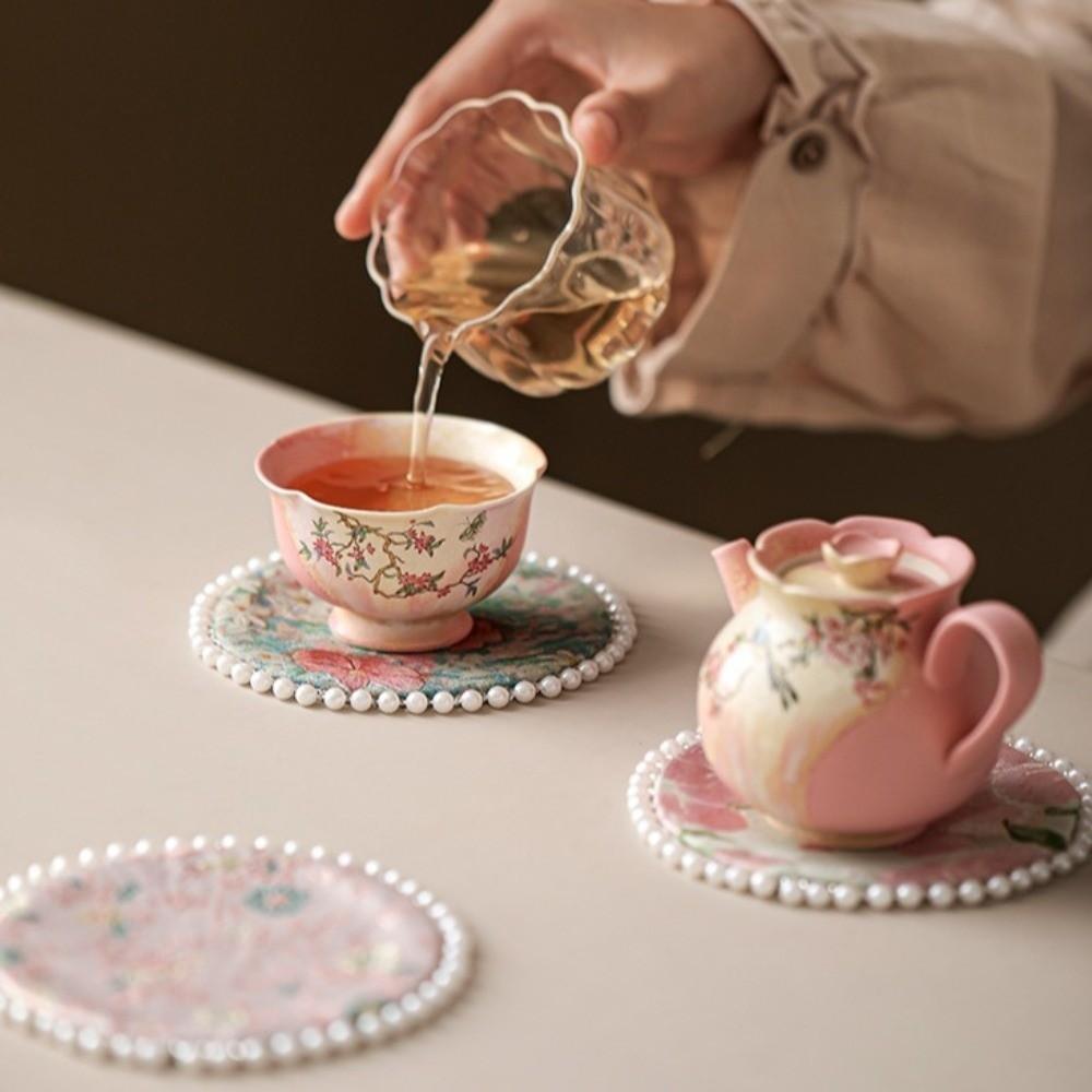 Cloth Pearls Edge Coaster Vintage Teapot Mat Swallow Brocade Cup Mat  Drinkware Accessories