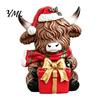 Cute Cattle Desk Ornaments Christmas Highland Cow Figurine, Resin Holiday Statue with Santa Hat & Holly Theme Decor Gift Box, Sitting Calf Desktop