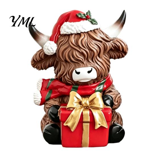 Cute Cattle Desk Ornaments Christmas Highland Cow Figurine, Resin Holiday Statue with Santa Hat & Holly Theme Decor Gift Box, Sitting Calf Desktop