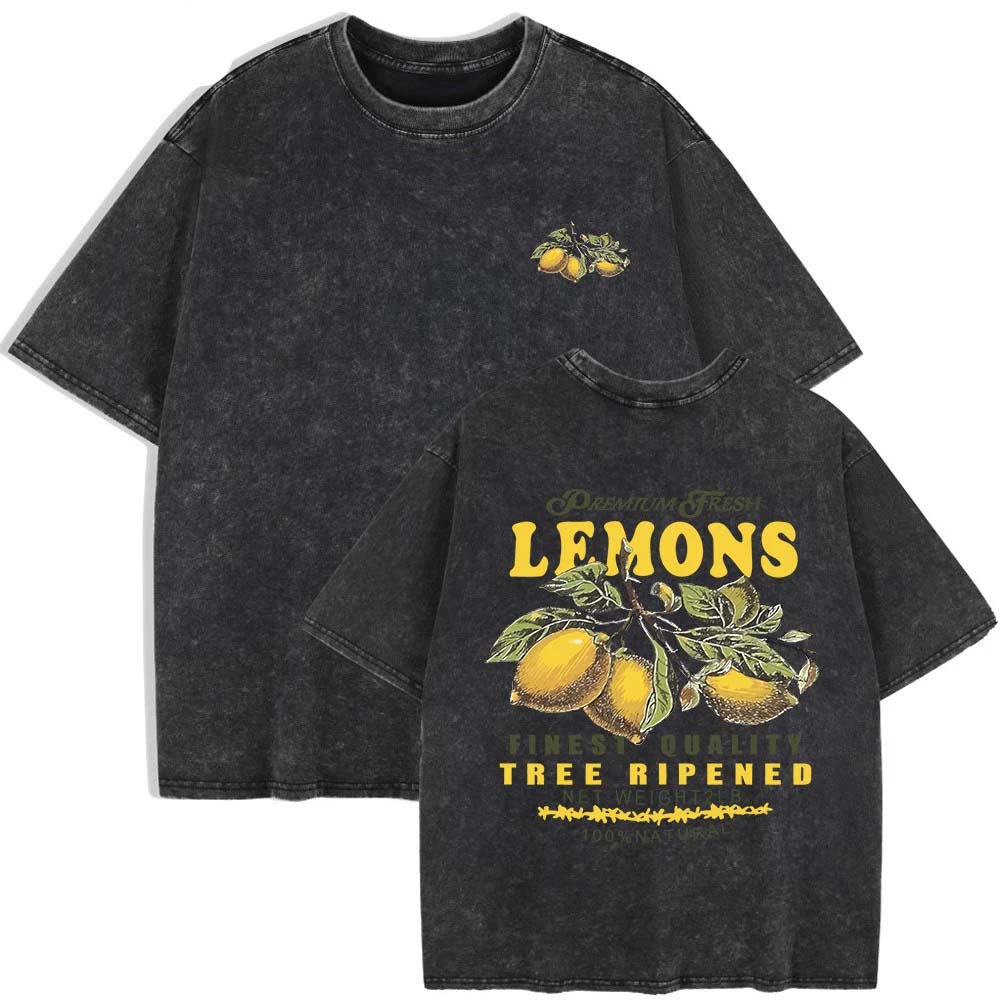 

Premium Fresh Lemons Fruit Prints Washed T-Shirts Womens Cotton Short Sleeve Tops Street O-Neck Oversize Clothes S