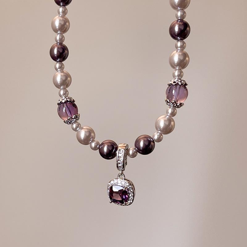Manta Rose Shijia Pearl Necklace with Amethyst and Bubble Sugar Cubes Sweater Chain - Women's Autumn/Winter Pendant Jewelry