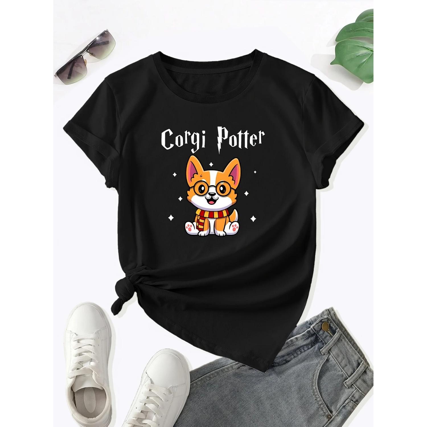 Cute Cartoon Dog Print Crew Neck T-Shirt for Women - Casual Short Sleeve Top for Spring & Summer S