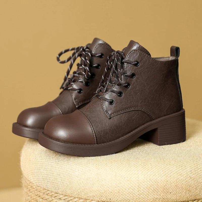 Dámské kotníkové boty na středním podpatku se šněrováním Zimní Módní Elegantní Ležérní Obuv Klasické Nové Trendy Krátké Boty Šaty