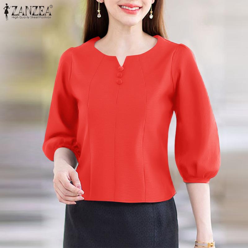 ZANZEA Women Casual V-Neck Solid Color 3/4 Sleeve Blouse