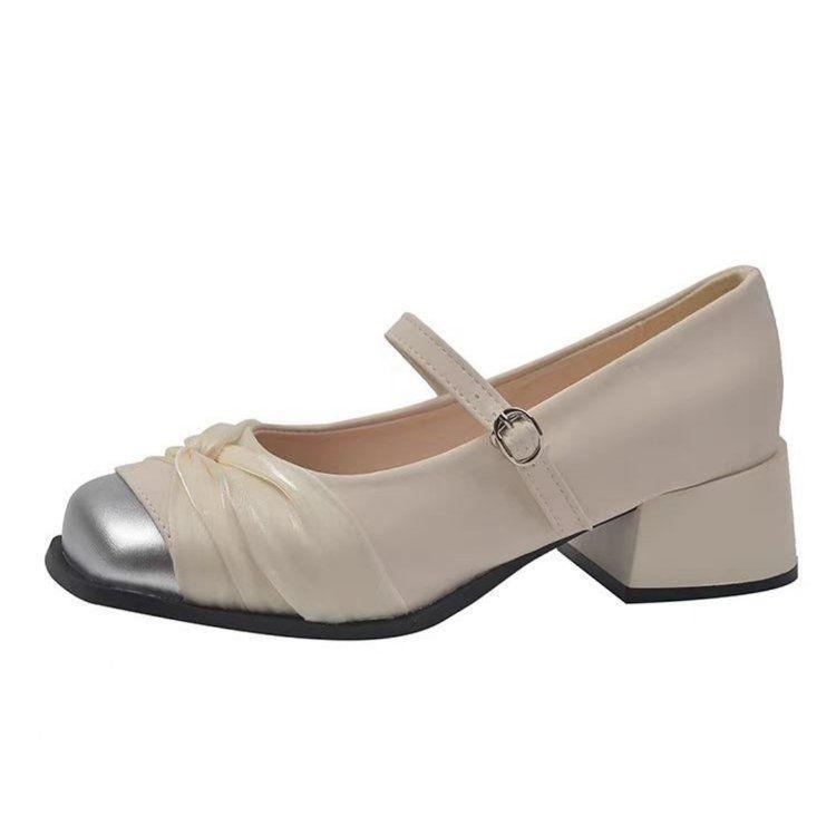 Mary Jane French fragrant high heels 2025 new high-end evening single shoes fashion leather shoes explosion beige thick heel