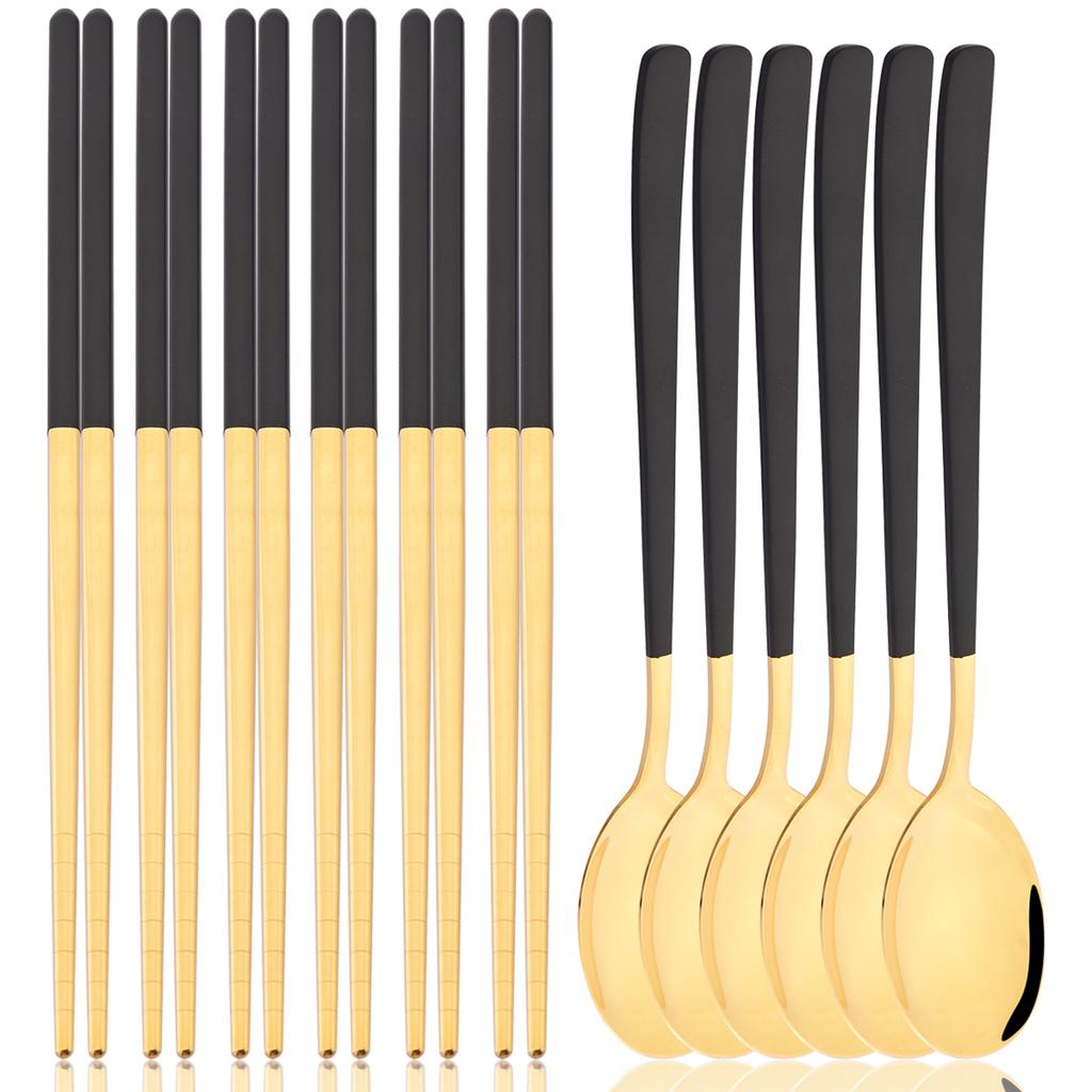 12pcs Colorful Dinnerware Set Korean Style Spoon Non-slip Chopsticks Cutlery Mirror Stainless Steel Flatware Kitchen Tableware