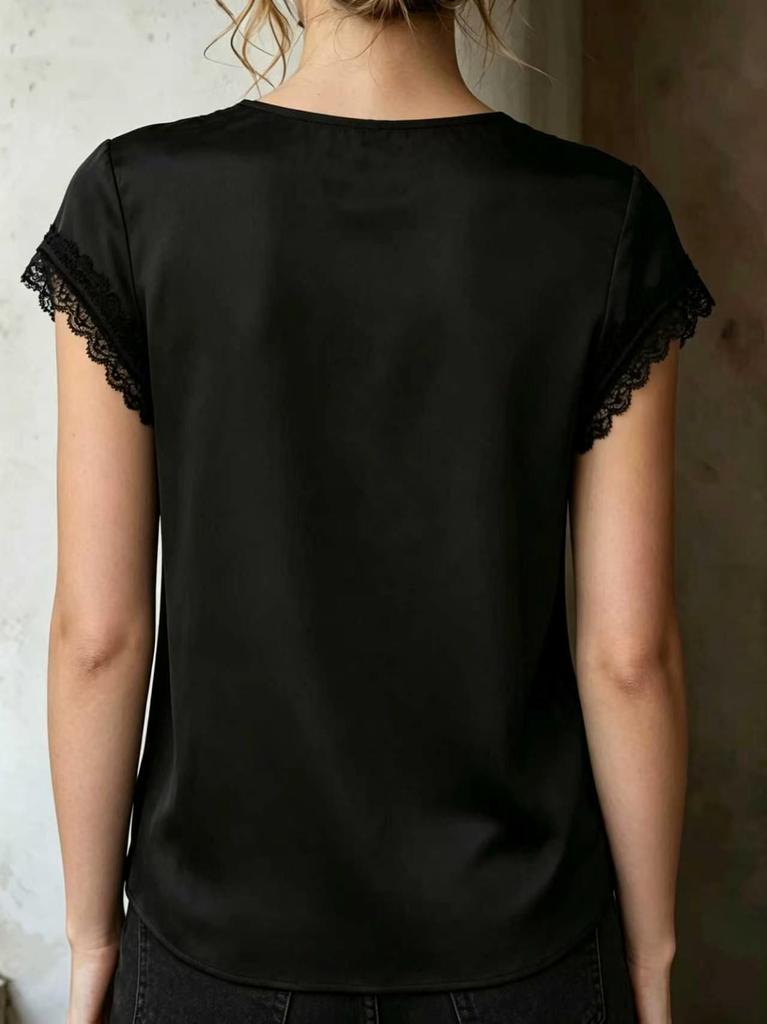 2026 European & American Women’s Short Sleeve Satin Lace V-Neck Shirt