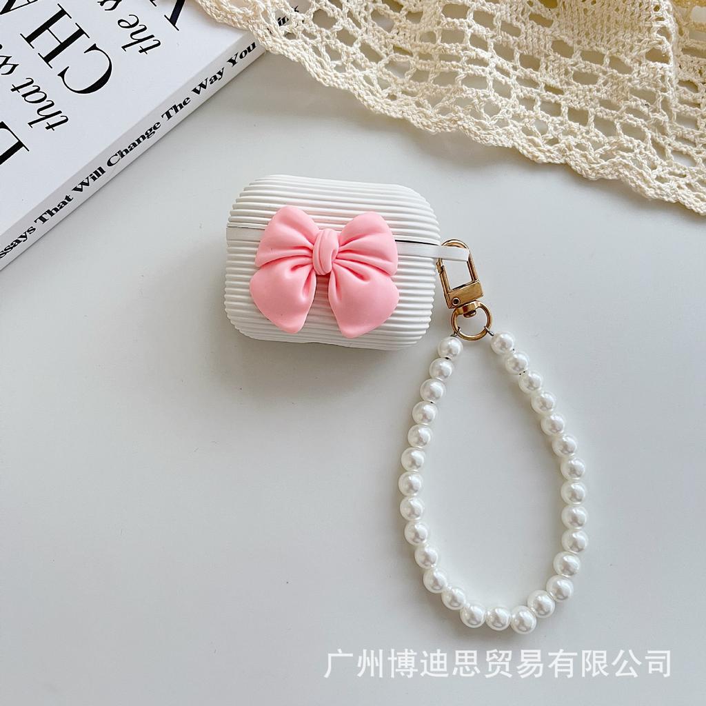 New Apple Earphone Case Horizontal Strip Silicone Bow + Hand Bead Rope AirPods Girl Bow Earphone Cover