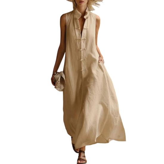 

Women s Summer Sleeveless Button Down Tank Dress Stand Collar Casual Cotton Linen Long Dress Loose A-Line Flowy Beach Sundress L хаки