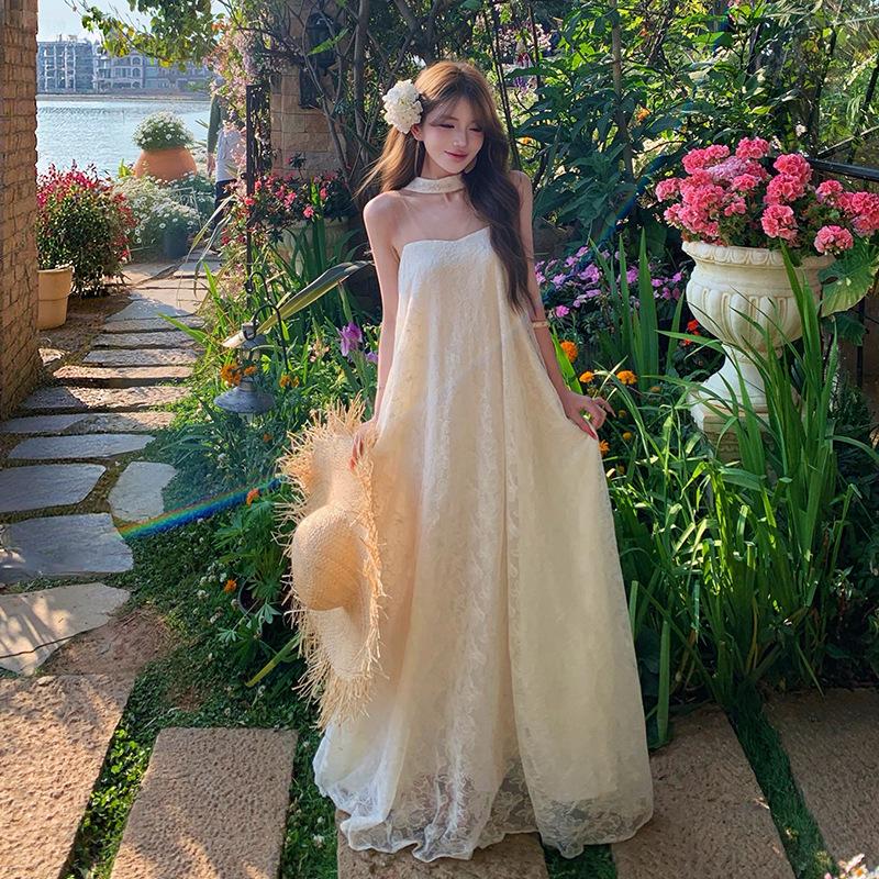 Heavy Industry Lace Mesh Disc Embroidered Dress, High-end Light Luxury Beige Long Sleeveless Dress Dress