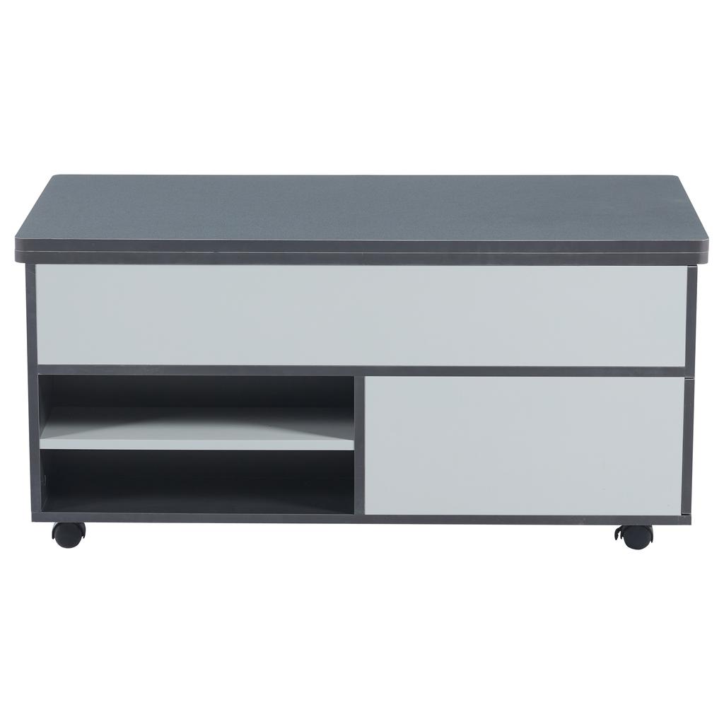 Mesa de centro regulable en altura de 100*98*65 cm con almacenamiento oculto, ruedas y cajones, mesa de comedor multifuncional, empalme gris-blanco