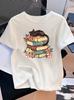 Women's Casual Elegant Black Cat Stacked Book Print T-shirt Round Neck Short Sleeve Retro Style Spring and Summer Cat T-shirt