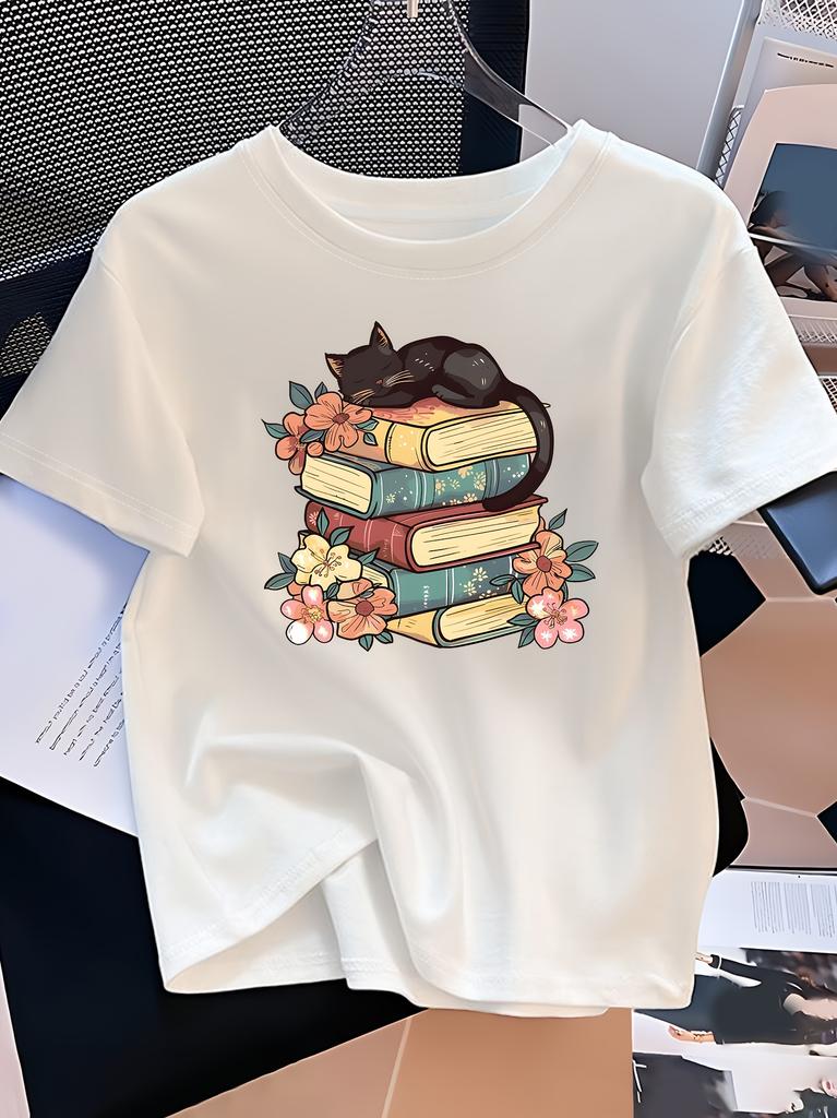 Women's Casual Elegant Black Cat Stacked Book Print T-shirt Round Neck Short Sleeve Retro Style Spring and Summer Cat T-shirt