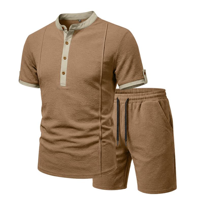 Men's 2-Piece Casual Outfit Henley Neck Short Sleeve T-Shirt Elastic Waist Shorts Set Summer Breathable Textured Tracksuit