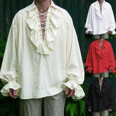 Erkek Rönesans Kostüm Ruffled Uzun Kollu Dantel Up Ortaçağ Steampunk Korsan Gömlek Cosplay Prens Drama Sahne Kostüm Tops