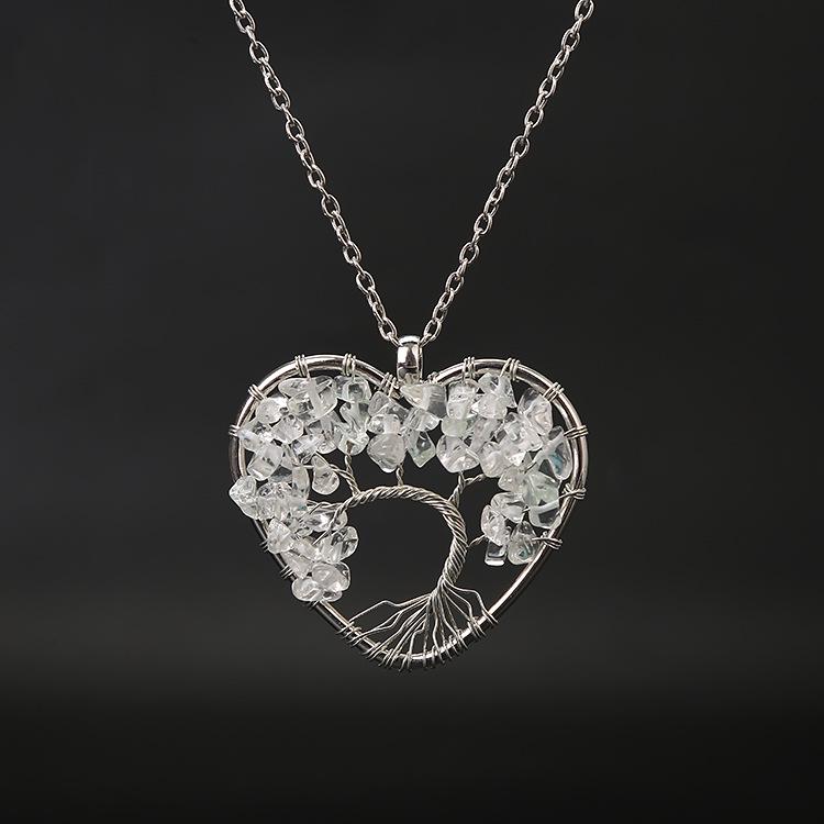 Seven-Color Heart-Shaped Tree of Life Necklace with Natural Stone Crystals