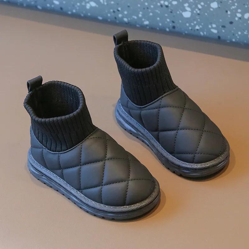 Children's Snow Boot Winter Warm Girls Cotton Sock Boots Solid Color Versatile Kids Causal Boys Plush Ankle Boots Outdoor Warm